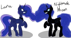 Size: 6000x3265 | Tagged: safe, artist:dah-vee, derpibooru import, nightmare moon, princess luna, alicorn, pony, confrontation, crying, dr jekyll and mr hyde, duality, duo, ethereal mane, female, grin, gritted teeth, looking at each other, mare, missing accessory, narrowed eyes, nightmare luna, peytral, raised hoof, simple background, smiling, transparent background