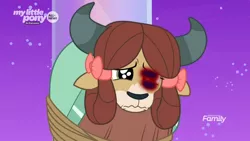 Size: 926x521 | Tagged: abuse, abuse edit, background pony strikes again, black eye, creepypasta, crying, derpibooru import, discovery family logo, edit, edited screencap, rope, sad, screencap, semi-grimdark, she's all yak, solo, tied up, treehouse of harmony, wavy mouth, yona, yonabuse