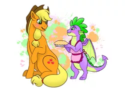 Size: 2746x1962 | Tagged: safe, artist:bellbell123, derpibooru import, applejack, spike, dragon, pony, abstract background, applespike, apron, blushing, clothes, cute, female, food, male, open mouth, pie, shipping, simple background, smiling, straight, white background, winged spike