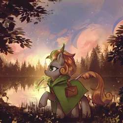 Size: 1602x1602 | Tagged: artist:mirroredsea, bag, cloak, clothes, commission, derpibooru import, female, forest, kirin, kirin oc, lake, magic, musical instrument, oc, oc:distorted symphony, pan flute, raised hoof, saddle bag, safe, scenery, scenery porn, solo, telekinesis, unofficial characters only
