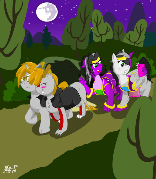 Size: 4038x4632 | Tagged: safe, artist:dianetgx, derpibooru import, kirin oc, oc, oc:axle bright, oc:diane tgx, oc:novita quester, oc:silvia cascadia, unofficial characters only, bat pony, dragon, hippogriff, kirin, unicorn, bat pony oc, bat wings, blushing, braclets, clothes, costume, dragon oc, fangs, halloween, halloween costume, harem outfit, hippogriff oc, holiday, horn, jewelry, night, nightmare night, satin, selfie, tiara, unicorn oc, walking, wings