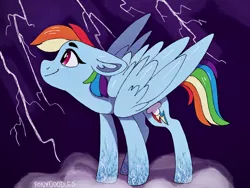 Size: 2048x1536 | Tagged: safe, artist:incendiaryboobs, derpibooru import, rainbow dash, pegasus, pony, cloud, cutie mark, floppy ears, lightning, on a cloud, smiling, solo, standing on cloud