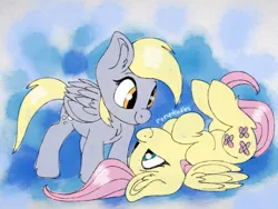 Size: 1024x768 | Tagged: safe, artist:incendiaryboobs, derpibooru import, derpy hooves, fluttershy, pegasus, pony, abstract background, cute, cutie mark, derpabetes, derpyshy, ear fluff, female, folded wings, hooves to the chest, lesbian, looking at each other, on back, shipping, shyabetes, smiling, wings