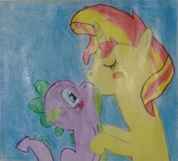 Size: 1226x1106 | Tagged: safe, derpibooru import, spike, sunset shimmer, dragon, pony, female, kissing, love, male, shipping, straight, sunsetspike, traditional art