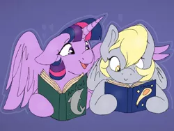 Size: 1024x768 | Tagged: safe, artist:incendiaryboobs, derpibooru import, derpy hooves, twilight sparkle, twilight sparkle (alicorn), alicorn, pegasus, pony, book, cute, derpabetes, female, lesbian, mare, open mouth, prone, reading, shipping, twerpy, twiabetes