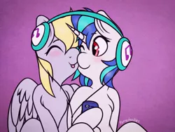 Size: 1024x768 | Tagged: safe, artist:incendiaryboobs, derpibooru import, derpy hooves, vinyl scratch, pegasus, pony, blushing, chest fluff, derpyscratch, eyes closed, female, headphones, lesbian, shipping, sitting, smiling