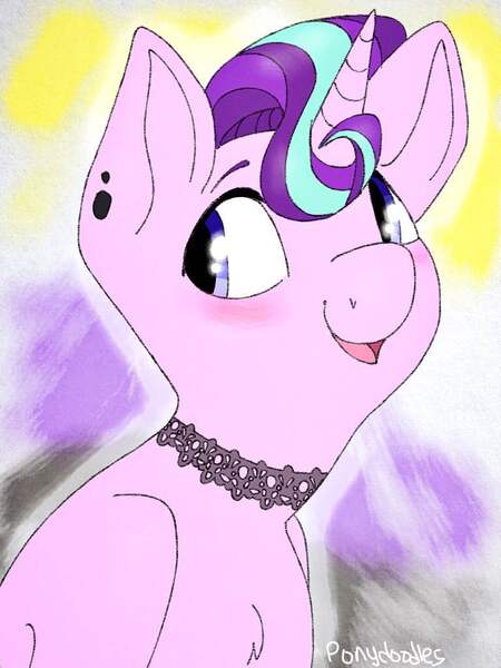 Size: 768x1024 | Tagged: safe, artist:incendiaryboobs, derpibooru import, starlight glimmer, pony, unicorn, chest fluff, choker, happy, looking away, nonbinary, nonbinary pride flag, open mouth, pride, pride flag, smiling, solo