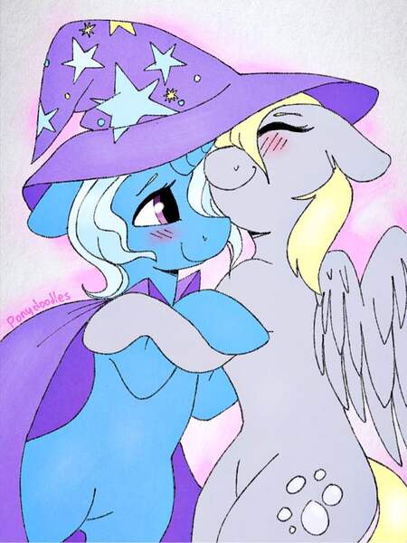 Size: 768x1024 | Tagged: safe, artist:incendiaryboobs, banned from derpibooru, deleted from derpibooru, derpibooru import, derpy hooves, trixie, pegasus, pony, unicorn, bipedal, blushing, cape, clothes, cute, cutie mark, derpabetes, diatrixes, eyes closed, female, floppy ears, hat, hug, image, jpeg, lesbian, mare, shipping, smiling, tripy, trixie's cape, trixie's hat