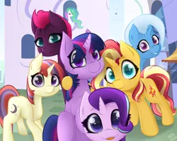 Size: 4993x4000 | Tagged: safe, artist:kids-in-the-corner, artist:those kids in the corner, derpibooru import, fizzlepop berrytwist, moondancer, princess celestia, starlight glimmer, sunset shimmer, tempest shadow, trixie, twilight sparkle, alicorn, pony, unicorn, absurd resolution, broken horn, canterlot, castle, counterparts, cute, dancerbetes, diatrixes, female, filly, filly moondancer, filly starlight glimmer, filly sunset shimmer, filly tempest shadow, filly trixie, filly twilight sparkle, glimmerbetes, group photo, happy, horn, hug, looking at you, photo, shimmerbetes, smiling, speedpaint, speedpaint available, store, tempestbetes, tongue out, twiabetes, twilight's counterparts, unicorn master race, unicorn twilight, younger