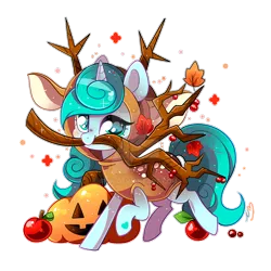 Size: 800x800 | Tagged: safe, artist:ipun, derpibooru import, oc, oc:rainspeak, unofficial characters only, pony, unicorn, apple, chibi, cute, daaaaaaaaaaaw, deer costume, deviantart watermark, female, food, halloween, holiday, jack-o-lantern, leaves, mare, mouth hold, obtrusive watermark, pumpkin, simple background, solo, transparent background, tree branch, watermark