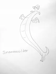 Size: 1440x1920 | Tagged: safe, artist:tjpones, derpibooru import, smolder, impossibly long torso, monochrome, pencil drawing, solo, traditional art, trogdor, wat