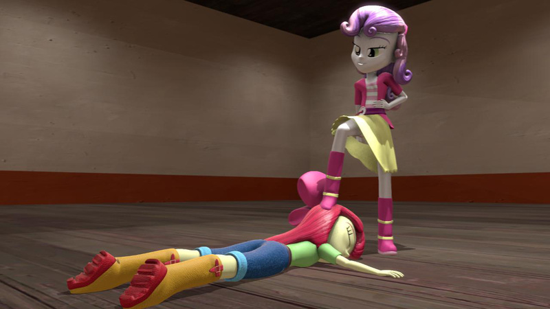 Size: 1920x1080 | Tagged: suggestive, artist:valsion, derpibooru import, apple bloom, sweetie belle, equestria girls, 3d, abuse, applebuse, bedroom eyes, boots, clothes, defeated, dominant, domination, eyes closed, female, femdom, femsub, foot on head, hand on hip, jeans, looking down, lying down, pants, shoes, skirt, skirt lift, smiling, smirk, source filmmaker, stepped on, submissive, tekken, trampling, unconscious, victory pose