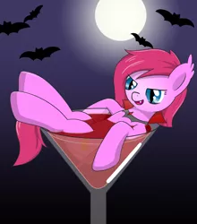 Size: 1757x2000 | Tagged: safe, artist:15.1.14, derpibooru import, oc, oc:cheery bell, unofficial characters only, bat pony, pony, vampire, bat pony oc, bat wings, cup, cup of pony, fangs, halloween, holiday, martini glass, micro, solo, wings