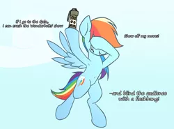 Size: 4096x3036 | Tagged: safe, artist:wenni, derpibooru import, rainbow dash, pegasus, pony, series:pony re-watch, the ticket master, armpits, belly button, dialogue, female, flashbang, flying, grenade, mare, parody, scene parody, sky, solo, this will end in tears