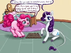 Size: 700x525 | Tagged: safe, artist:luckyorigamistars, derpibooru import, pinkie pie, rarity, earth pony, pony, unicorn, chess, chessboard, cloven hooves, curved horn, cute, cutie mark, darling, dialogue, diapinkes, duo, ear fluff, eyeshadow, female, horn, leonine tail, lidded eyes, looking at each other, makeup, mare, pinkie's bedroom, raised hoof, speech, speech bubble, sugarcube corner, talking