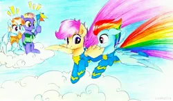 Size: 3974x2322 | Tagged: safe, artist:liaaqila, derpibooru import, bow hothoof, rainbow dash, scootaloo, windy whistles, pegasus, pony, alternate hairstyle, clothes, cloud, female, flag, flying, male, mare, scootaloo can fly, scootalove, shirt, stallion, sweater, traditional art, uniform, wonderbolts, wonderbolts uniform