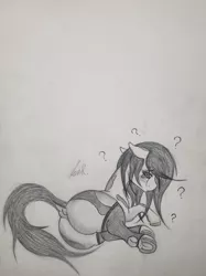 Size: 2357x3143 | Tagged: suggestive, artist:teardrop, derpibooru import, oc, oc:tetra, unofficial characters only, earth pony, pony, adorasexy, blushing, clothes, clueless, cute, female, floppy ears, long mane, long tail, mare, monochrome, paint (horse breed), sexy, shy, socks, solo, spots, thigh highs, timid, traditional art, unaware