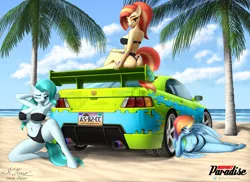 Size: 2916x2123 | Tagged: suggestive, artist:clear vision, derpibooru import, lighthoof, rainbow dash, shimmy shake, anthro, earth pony, pegasus, unguligrade anthro, 2 4 6 greaaat, :p, arm behind head, armpits, ass, beach, bedroom eyes, big breasts, bikini, breasts, burnout, burnout paradise, busty lighthoof, busty rainbow dash, busty shimmy shake, butt, butt squish, car, chest fluff, cleavage, cleavage fluff, clothes, crossover, custom coupe ultimate, draw me like one of your french girls, eyeshadow, female, hand on face, hand on hip, image, kitano hydros, kitano hydros techno, looking at you, looking back, looking back at you, looking over shoulder, makeup, mare, one eye closed, open mouth, palm tree, pinup, png, race queen, raised eyebrow, ring bikini, sexy, signature, small breasts, smiling, smirk, smug, strapless bikini, strapless bra, stupid sexy lighthoof, stupid sexy rainbow dash, stupid sexy shimmy shake, sultry pose, swimsuit, the ass was fat, thong swimsuit, tongue out, tree, trio, trio female, vehicle, video game crossover, wink