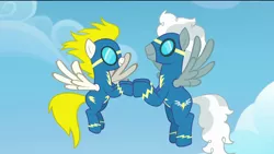 Size: 1920x1080 | Tagged: safe, derpibooru import, screencap, silver lining, silver zoom, surprise, pegasus, pony, the last problem, clapping, clothes, cloud, female, flying, goggles, male, mare, out of context, spread wings, stallion, uniform, wings, wonderbolts, wonderbolts uniform