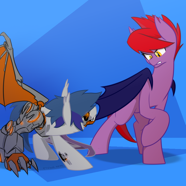 Size: 816x814 | Tagged: safe, artist:flylash6009, derpibooru import, oc, oc:flylash, oc:nightflower, bat pony, pony, robot, bat pony oc, bat wings, fangs, implied robot, wings