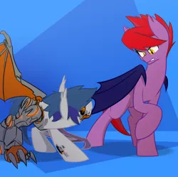 Size: 816x814 | Tagged: safe, artist:flylash6009, derpibooru import, oc, oc:flylash, oc:nightflower, bat pony, pony, robot, bat pony oc, bat wings, fangs, implied robot, wings