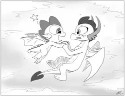 Size: 3300x2550 | Tagged: artist:loreto-arts, blushing, derpibooru import, dragon, female, flying, male, monochrome, safe, shipping, smolder, spike, spolder, straight, winged spike