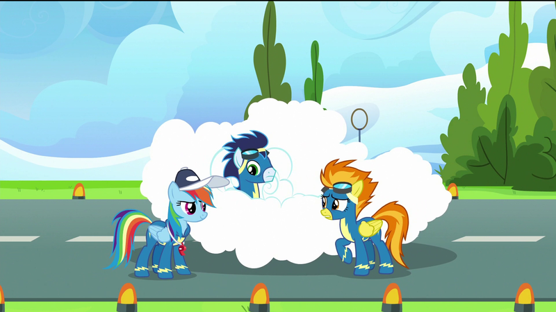 Size: 1920x1080 | Tagged: safe, derpibooru import, screencap, rainbow dash, soarin', spitfire, pegasus, pony, the last problem, clothes, cloud, female, goggles, jewelry, light, male, mare, rainbow dashs coaching whistle, ring, runway, runway lights, stallion, tree, uniform, wonderbolts, wonderbolts uniform