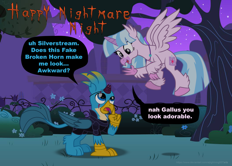 Size: 4055x2894 | Tagged: safe, artist:ejlightning007arts, derpibooru import, gallus, silverstream, gryphon, hippogriff, broken horn, clothes, costume, cute, diastreamies, eye scar, fake horn, female, gallabetes, gallstream, halloween, holiday, horn, implied tempest shadow, implied tempestlight, implied twilight sparkle, male, nightmare night, scar, shipping, speech bubble, straight