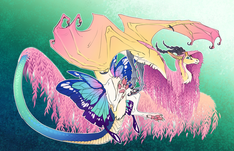 Size: 3300x2136 | Tagged: safe, artist:turnipberry, deleted from derpibooru, derpibooru import, fluttershy, draconequus, pony, alternate universe, ascension, bat wings, butterfly wings, colored wings, description at source, description is relevant, description story, dewclaw, draconequified, female, flutterequus, green background, horn, horns, looking at you, mare, multicolored wings, ossicones, paw pads, paws, plant mane, race swap, simple background, species swap, underpaw, wing claws, wings