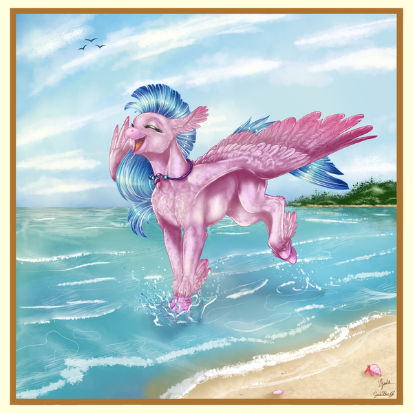 Size: 4000x4000 | Tagged: absurd resolution, artist:gaelledragons, artist:ilynalta, beach, bird, classical hippogriff, collaboration, cute, derpibooru import, diastreamies, eyes closed, female, happy, hippogriff, ocean, open mouth, safe, sand, signature, silverstream, solo