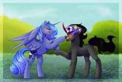 Size: 2655x1788 | Tagged: safe, artist:dinkydoolove, derpibooru import, king sombra, princess luna, alicorn, pony, unicorn, angry, blushing, boop, eyes closed, female, flower, flower in hair, gritted teeth, lumbra, male, mare, sharp teeth, shipping, smiling, sombra eyes, stallion, straight, teeth