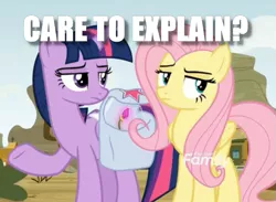 Size: 551x404 | Tagged: alicorn, bag, caption, cropped, derpibooru import, discovery family logo, duo, edit, edited screencap, flower, fluttershy, growing up is hard to do, image macro, pointing, question, saddle bag, safe, screencap, text, twilight sparkle, twilight sparkle (alicorn), unamused, wishing flower