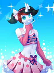 Size: 3096x4126 | Tagged: safe, artist:helemaranth, derpibooru import, oc, oc:silver soldier, unofficial characters only, anthro, unicorn, abstract background, belly button, clothes, commission, crossdressing, curved horn, evening gloves, femboy, fingerless gloves, gloves, headworn microphone, hit or miss, horn, long gloves, male, meme, midriff, pigtails, pleated skirt, rcf community, skirt, smiling, solo, sports bra, trap, unicorn oc, ych result