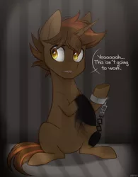 Size: 2032x2600 | Tagged: safe, artist:higgly-chan, derpibooru import, oc, oc:shadowheart, unofficial characters only, pony, unicorn, commission, cuffs, dark room, demi-god, golden eyes, handcuffed, high res, incorporeal, jail, male, sarcasm, shadow magic, sitting, solo, stallion