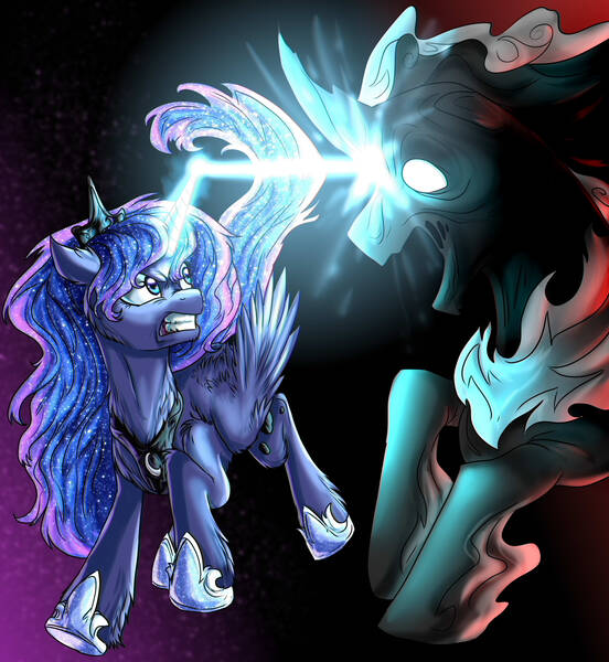 Size: 2300x2500 | Tagged: safe, artist:not-ordinary-pony, derpibooru import, pony of shadows, princess luna, alicorn, pony, duo, ethereal mane, fight, fluffy, jewelry, looking at each other, regalia