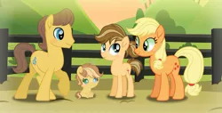 Size: 1255x637 | Tagged: safe, artist:purplepotato04, derpibooru import, applejack, caramel, oc, oc:apple dream, oc:toffee apple, earth pony, pony, baby, baby pony, base used, carajack, colt, family, female, filly, freckles, hatless, heterochromia, male, missing accessory, offspring, parent:applejack, parent:caramel, parents:carajack, shipping, straight