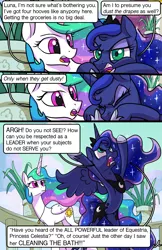 Size: 1989x3072 | Tagged: safe, artist:docwario, derpibooru import, princess celestia, princess luna, alicorn, pony, comic:royal chores, angry, angry luna, comic, jewelry, necklace, royal sisters, speech bubble, sun, sunlight