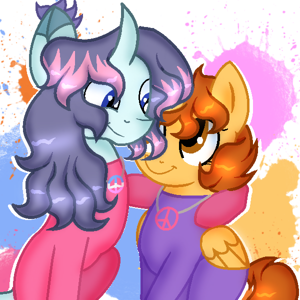 Size: 600x600 | Tagged: safe, artist:doraeartdreams-aspy, derpibooru import, oc, oc:aspen, oc:fluffybriefs, alicorn, pony, alicorn oc, bodysuit, brother and sister, catsuit, cute, female, hippie, horn, hug, jewelry, latex, latex suit, male, necklace, peace suit, peace symbol, peaceful, rubber suit, siblings, transgender, wings