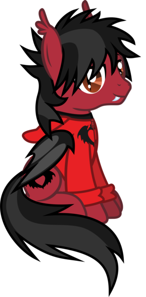 Size: 811x1651 | Tagged: safe, artist:lightningbolt, derpibooru import, ponified, bat pony, pony, .svg available, bat wings, clandestine industries, clothes, ear fluff, fall out boy, fangs, folded wings, hair over one eye, hoodie, lidded eyes, looking at you, male, messy mane, messy tail, pete wentz, simple background, sitting, slit eyes, smiling, solo, stallion, svg, transparent background, vector, wings