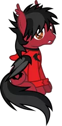 Size: 811x1651 | Tagged: safe, artist:lightningbolt, derpibooru import, ponified, bat pony, pony, .svg available, bat wings, clandestine industries, clothes, ear fluff, fall out boy, fangs, folded wings, hair over one eye, hoodie, lidded eyes, looking at you, male, messy mane, messy tail, pete wentz, simple background, sitting, slit eyes, smiling, solo, stallion, svg, transparent background, vector, wings