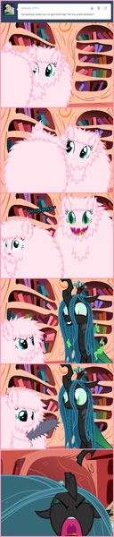 Size: 660x3093 | Tagged: safe, artist:mixermike622, banned from derpibooru, deleted from derpibooru, derpibooru import, edit, edited edit, queen chrysalis, oc, oc:fluffle puff, changeling, changeling queen, pony, tumblr:ask fluffle puff, ..., abuse, abusive relationship, adorable distress, adoracreepy, anxiety, april fools, bad end, badass, badass adorable, bait and switch, beware the nice ones, breakup, broken horn, canon x oc, chainsaw, chrysabuse, chrysipuff, comic, creepy, crying, cute, cutealis, damsel in distress, dark comedy, disguise, disguised changeling, dork, dorkalis, duo, eye contact, faic, fail, fangs, fatality, fear, female, grimderp, grin, groucho marx, harpo marx, helpless, horn, image, intimidating, lesbian, logic, looking at each other, marx brothers, menacing, mutilation, oh crap face, oh shit, open mouth, overly attached girlfriend, overreaction, png, poker face, prank, rekt, revenge, sad, sadorable, savage, scared, screaming, shipping, smiling, spread wings, submissive, subversion, teary eyes, tumblr, when she smiles, wings, yandere