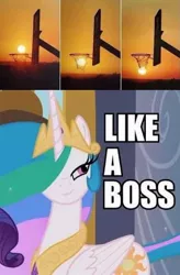 Size: 384x587 | Tagged: basketball hoop, bosslestia, caption, cropped, derpibooru import, edit, edited edit, edited screencap, image macro, like a boss, princess celestia, safe, screencap, sunset, sweet and elite, text