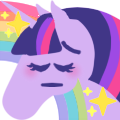 Size: 120x120 | Tagged: safe, artist:conphettey, derpibooru import, twilight sparkle, alicorn, pony, blushing, emoji, eyes closed, female, hoers, mare, pensive, rainbow, reaction image, simple background, solo, sparkles, transparent background