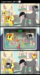 Size: 6341x11705 | Tagged: safe, artist:uzepka, derpibooru import, oc, oc:lemon lite, oc:yellow list, earth pony, pony, unicorn, body swap, camera, comic, crying, cutie mark, daughter, female, filly, head swap, mad science, mad scientist, male, mother, mother and child, mother and daughter, open mouth, science, scientist, size difference, text, wat, what has science done