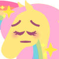 Size: 120x120 | Tagged: safe, artist:conphettey, derpibooru import, fluttershy, pegasus, pony, blushing, emoji, eyes closed, female, hoers, mare, pensive, rainbow, reaction image, simple background, solo, sparkles, transparent background