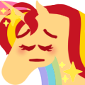 Size: 120x120 | Tagged: safe, artist:conphettey, derpibooru import, sunset shimmer, pony, unicorn, blushing, emoji, eyes closed, female, hoers, mare, pensive, rainbow, reaction image, simple background, solo, sparkles, transparent background