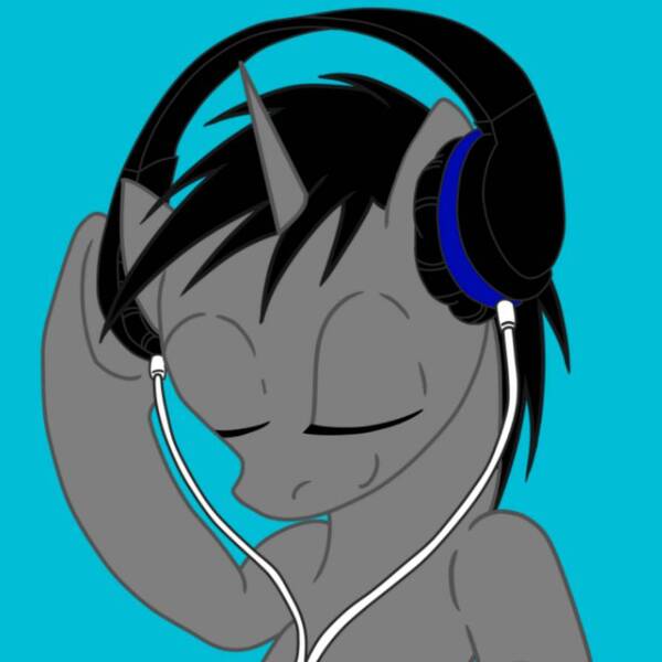 Size: 894x894 | Tagged: safe, artist:ruchiyoto, derpibooru import, oc, oc:black cross, pony, unicorn, blue background, headphones, profile picture, simple background, solo