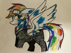 Size: 4032x3024 | Tagged: safe, artist:ponime11, derpibooru import, rainbow dash, pegasus, pony, clothes, female, goggles, mare, rainbow factory dash, simple background, solo, traditional art