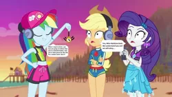 Size: 1280x720 | Tagged: safe, derpibooru import, edit, edited screencap, editor:thomasfan45, screencap, applejack, rainbow dash, rarity, equestria girls, equestria girls series, lost and found, 1000 hours in ms paint, applejack's hat, barrette, beach, bikini, blank expression, clothes, cowboy hat, crossed arms, cute, eyes closed, geode of shielding, geode of super speed, geode of super strength, hat, headphones, hypno eyes, hypnosis, hypnotized, magical geodes, open mouth, pendulum swing, pinpoint eyes, pocket watch, request, sarong, sexy, smiling, speech bubble, story included, sunset, swimsuit