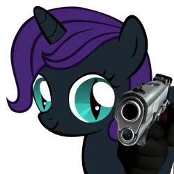 Size: 1095x1097 | Tagged: safe, derpibooru import, oc, oc:nyx, unofficial characters only, alicorn, pony, alicorn oc, dagger eyes, gun, horn, meme, out of character, realistic hand, simple background, solo, suddenly hands, transparent background, weapon, wings